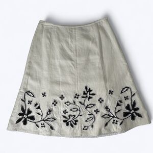 Vtg Edward Linen Blend A-Line‎ Skirt Sz 8 White Black Floral Applique Lined Zip